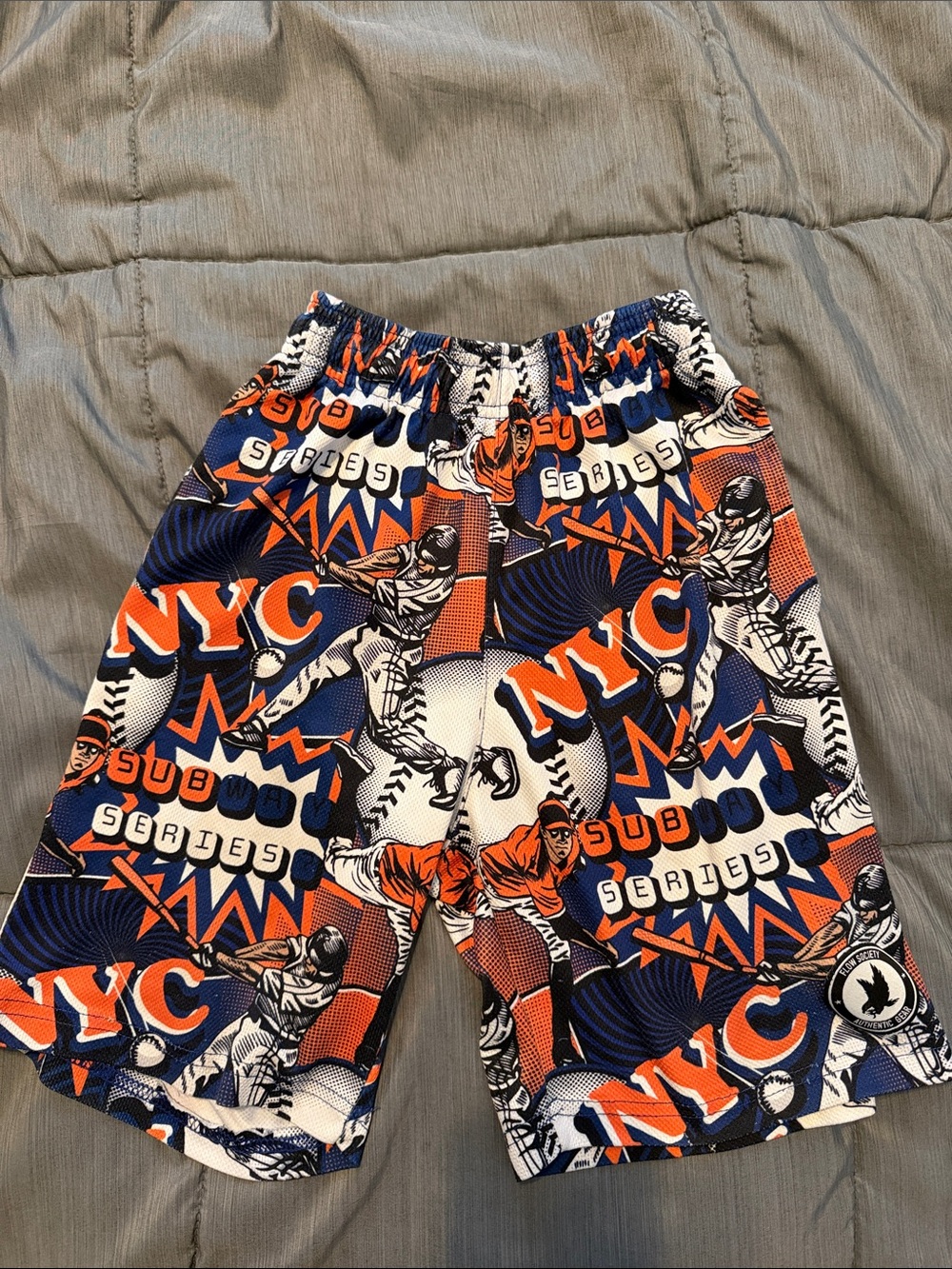 NYC Graphic Baseball Print Boys Shorts in Blue & Orange